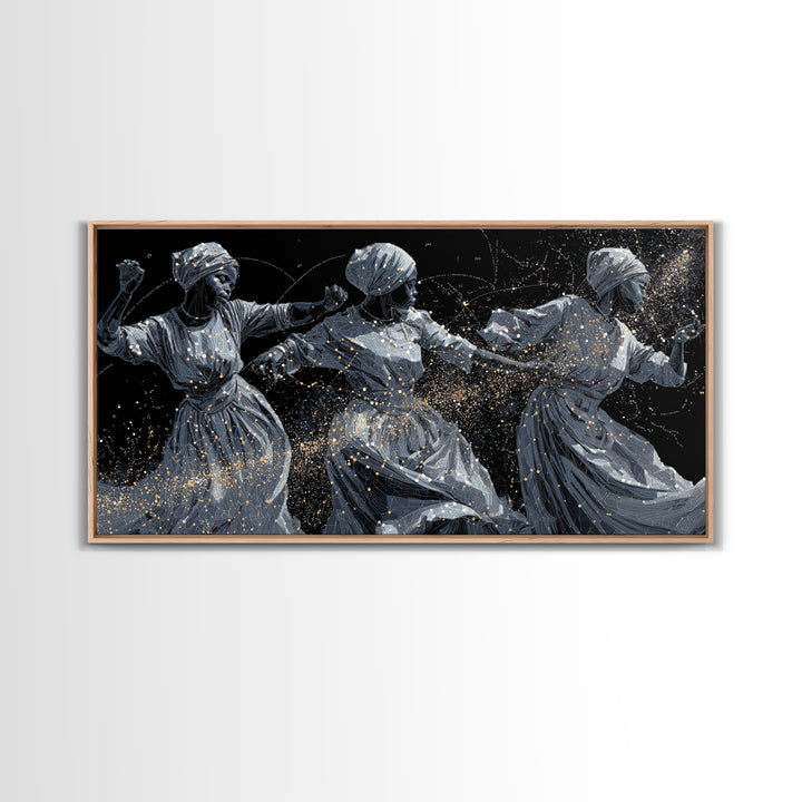 Three Dancing African Women Wall Art, Black And Gold Figurative Painting, Afrocentric Home Decor, Cultural Canvas Gift For Her