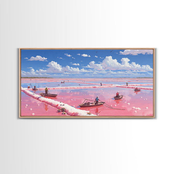 Pink Salt Flats With Boats Wall Art, African Coastal Landscape, Flamingo Lake Painting, Large Canvas Decor, Travel Home Gift