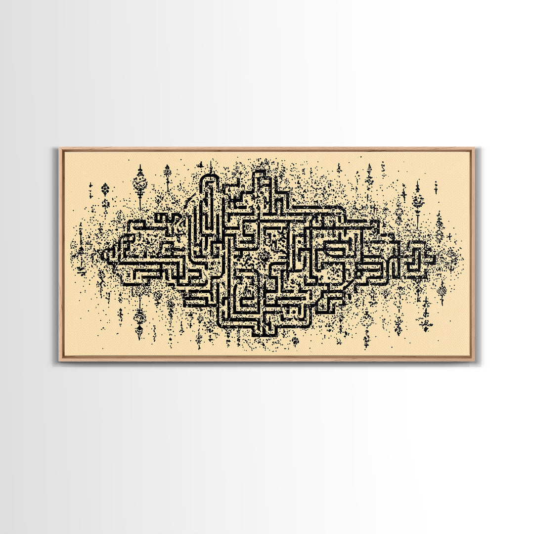 Ancient Maze Pattern Wall Art, Abstract African Textile Inspired Print, Beige Black Geometric Decor, Cultural Canvas Gift
