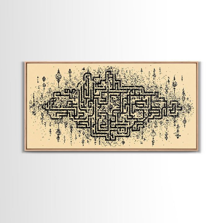 Ancient Maze Pattern Wall Art, Abstract African Textile Inspired Print, Beige Black Geometric Decor, Cultural Canvas Gift