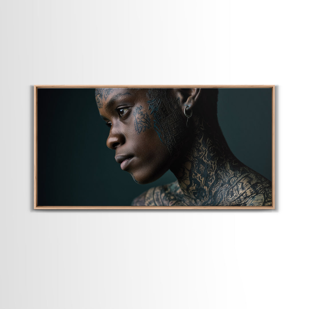 Tattooed Black Woman Portrait Framed Canvas Print, African Beauty Wall Art, Dramatic Profile Photography, Melanin Decor Gift