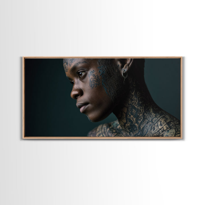 Tattooed Black Woman Portrait Framed Canvas Print, African Beauty Wall Art, Dramatic Profile Photography, Melanin Decor Gift
