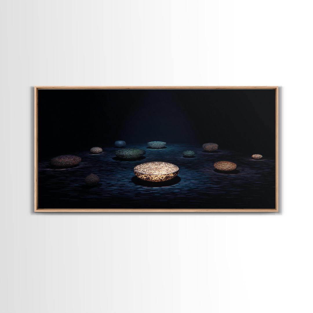 Glowing Beaded Bowls Wall Art, Abstract African Night Water Scene, Luxury Dark Canvas Decor, Modern Gallery Gift For Living Room