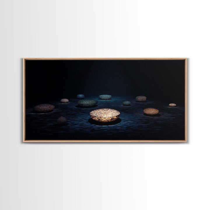 Glowing Beaded Bowls Wall Art, Abstract African Night Water Scene, Luxury Dark Canvas Decor, Modern Gallery Gift For Living Room