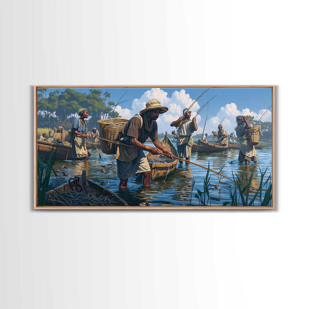 Traditional African Fishermen In River Boats Canvas Print, African Culture Art, Fishing Village, Safari Decor, Living Room Decor