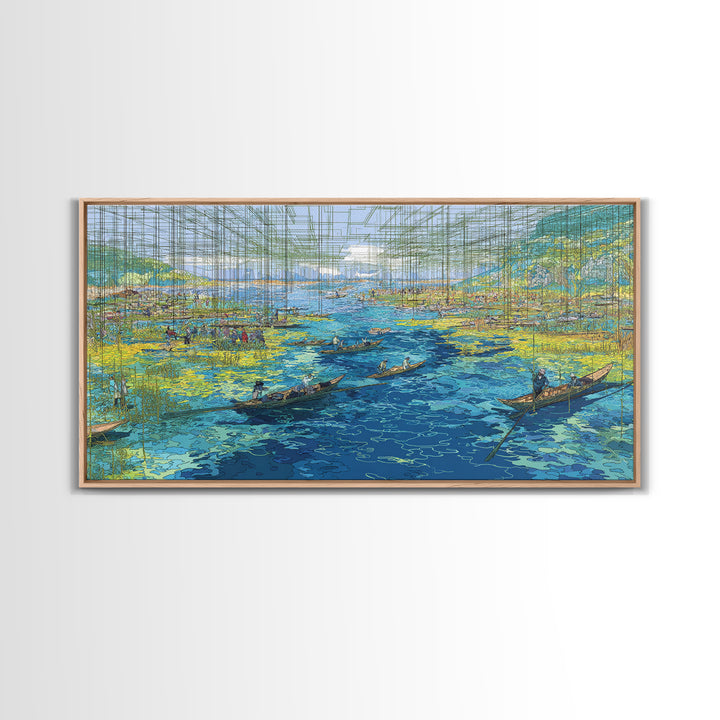 Abstract Blue Wetlands With Boats Canvas Print, Modern African Art, Coastal Landscape, Teal Wall Decor, Large Living Room Art