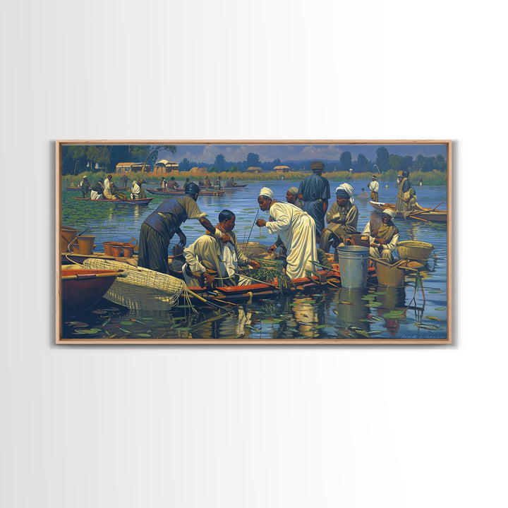 African Floating Market Fishermen On Lake Canvas Print, Traditional African Painting, Cultural Wall Decor, Village Home Decor