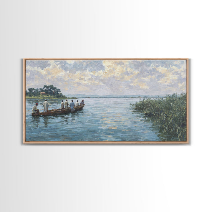 Serene African River Canoe Landscape Framed Canvas Print, Impressionist Nature Scene Art, Blue Wall Decor, Living Room Gift