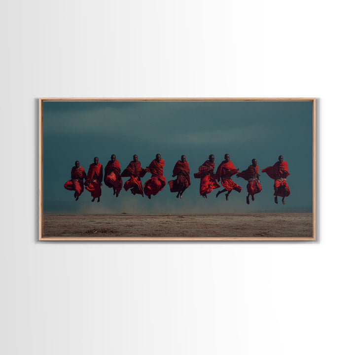 Leaping Maasai Warriors Under Storm Sky Canvas Print, African Warrior Art, Tribal Wall Decor, Red Safari Statement Piece