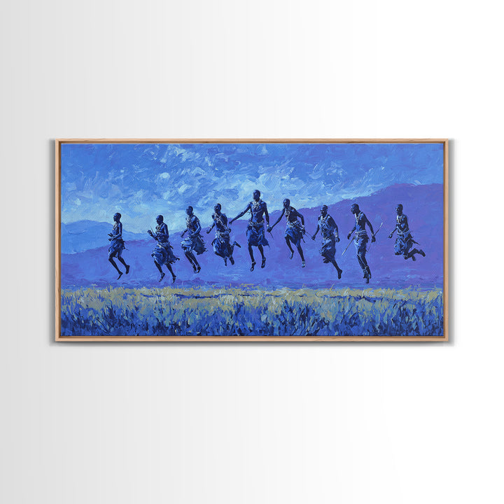 Blue Savanna Jumping Figures Wall Art, African Landscape, Modern African Art, Safari Art, Living Room Decor Canvas Print