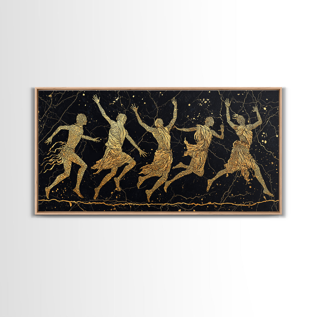 Gold Tribal Dancers On Black Framed Canvas Print, African Tribal Art, Black And Gold Art, Afrocentric Wall Art Decor Gift