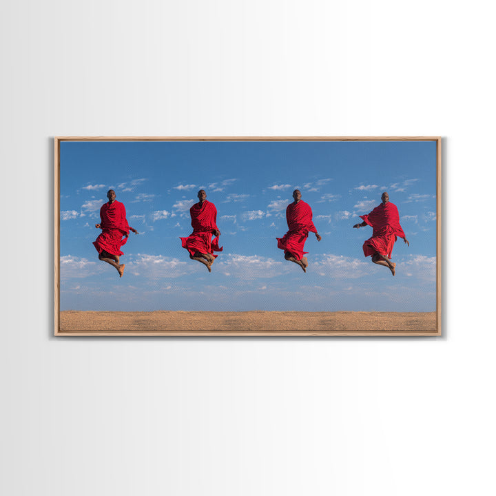 Red Maasai Warriors Jumping Canvas Print, African Safari Art, African Warrior Art, Kenya Print, Statement Wall Decor Gift