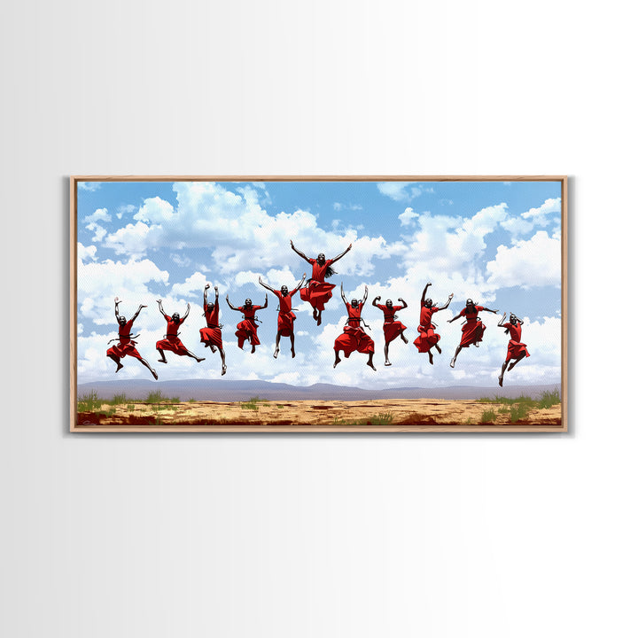 Joyful Red Dancers Under Clouds Canvas Print, African Celebration, African Women Art, Safari Decor, Colorful Wall Art Gift