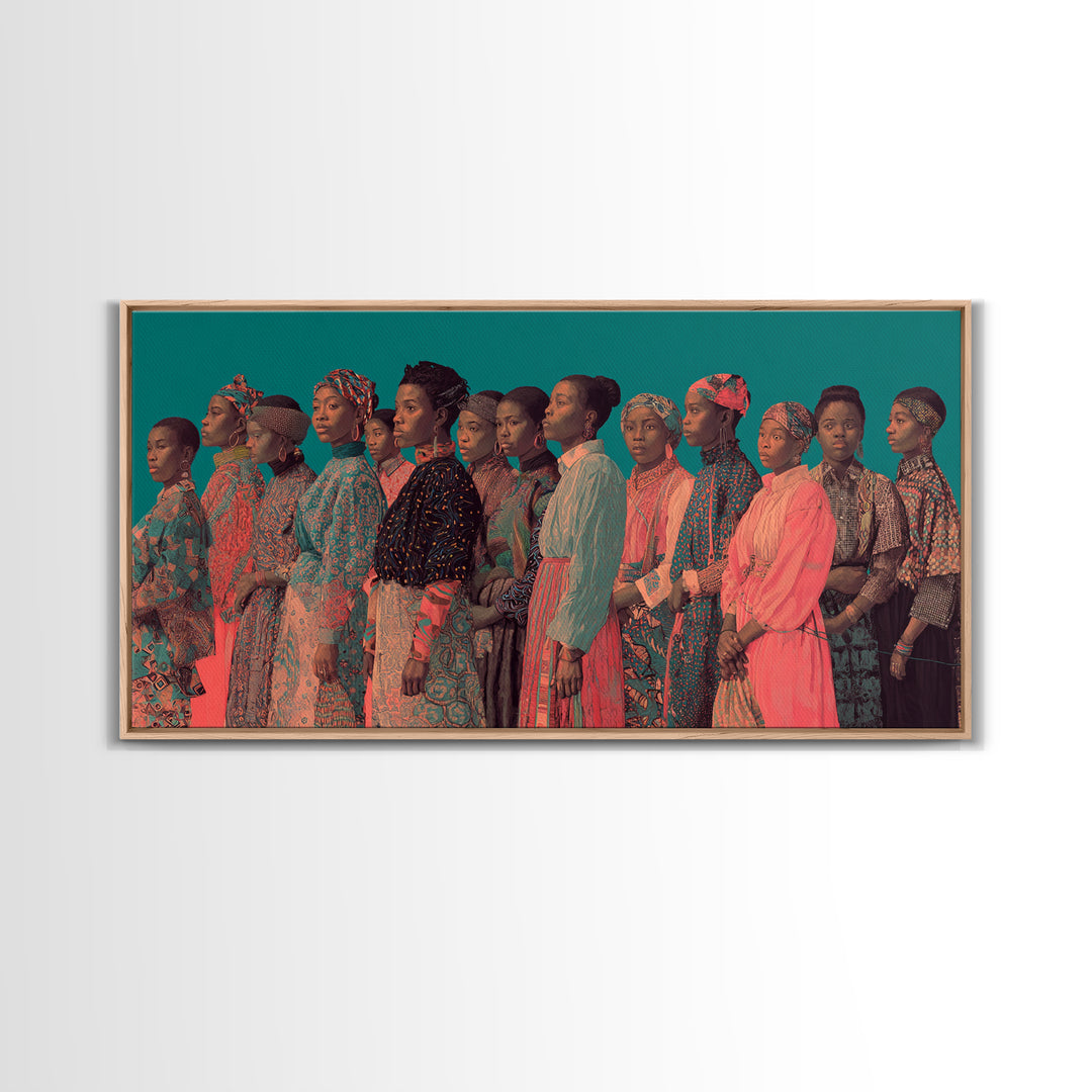 Portrait Line Of African Women In Ankara Dresses, Framed Canvas Print, Black Woman Art, Afrocentric Wall Decor Gift For Her