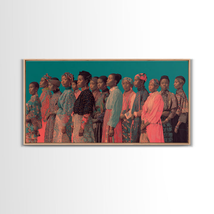 Portrait Line Of African Women In Ankara Dresses, Framed Canvas Print, Black Woman Art, Afrocentric Wall Decor Gift For Her