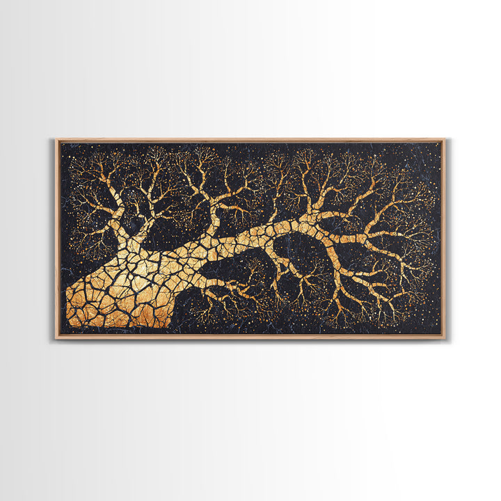 Golden Baobab Tree Branches On Black, African Tree Wall Art, Luxury Canvas Decor, Earth Tone Statement Home Decor Gift Idea