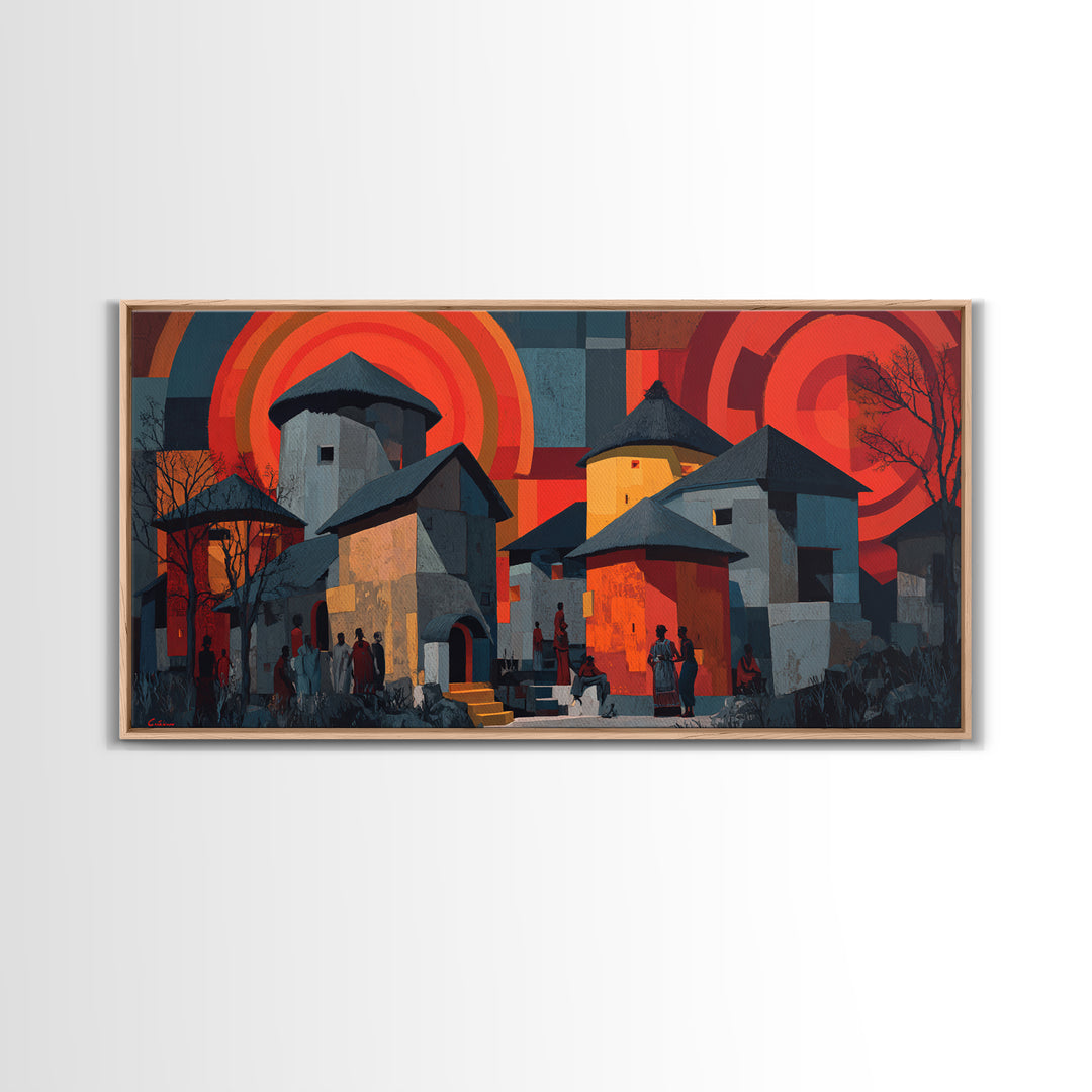 Red Sunset African Village Houses Wall Art, Modern African Art, Cultural Home Decor, Bold Geometric Canvas Print Gift For Him