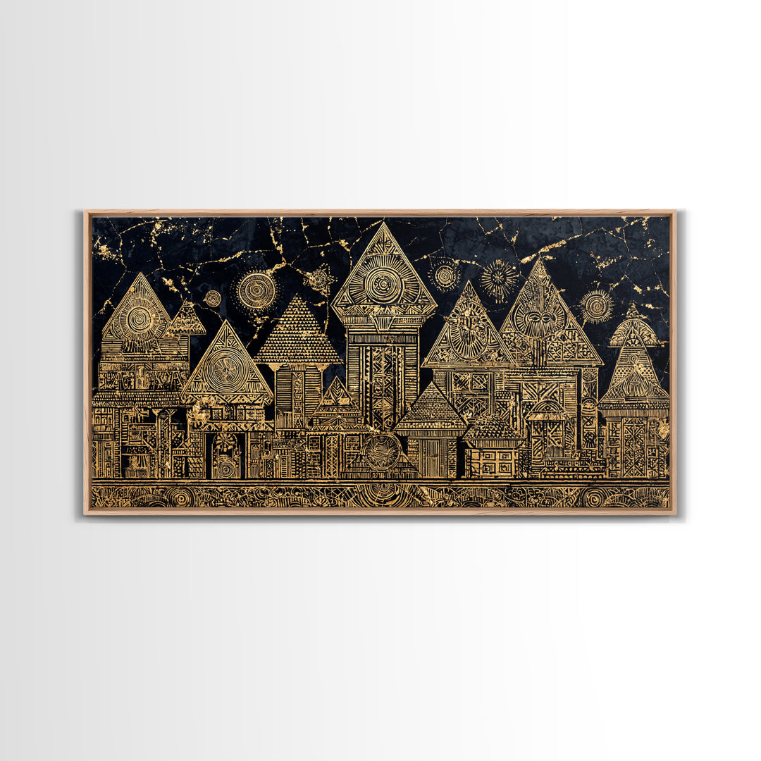 Gold Tribal Village Houses On Black Wall Art, African Tribal Art, Ancient African Art Print, Luxury Cultural Home Decor Gift