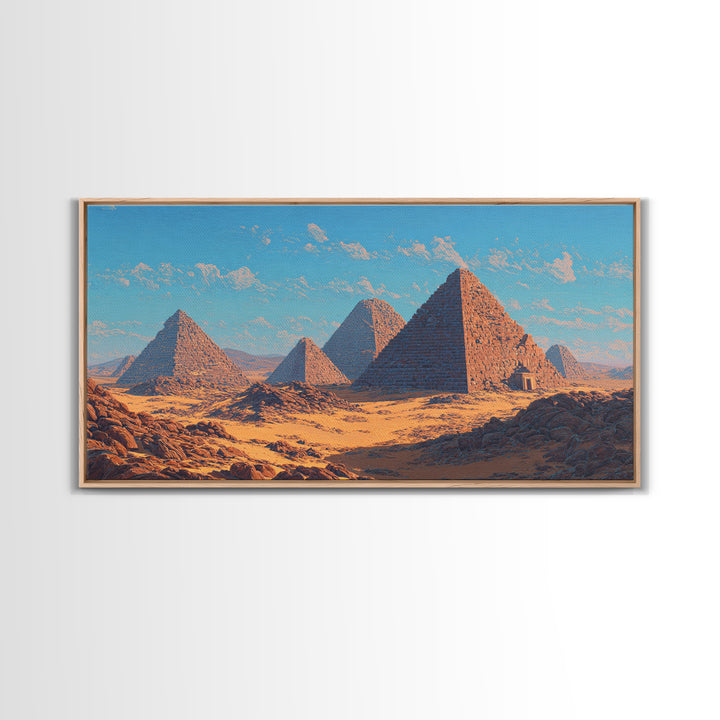 Blue Sky Giza Pyramids Wall Art, Egyptian Desert Landscape Canvas Print, Ancient African Art, Warm Cultural Decor Gift For Her