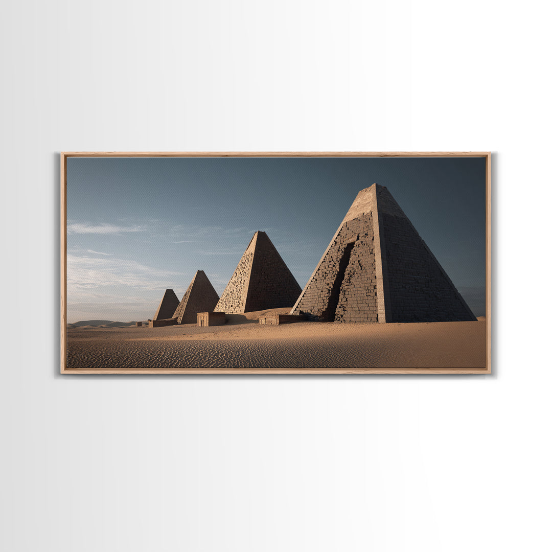 Sunlit Desert Pyramids African Landscape Framed Canvas Print, African Egyptian Art, Sahara Travel Poster, Living Room Decor