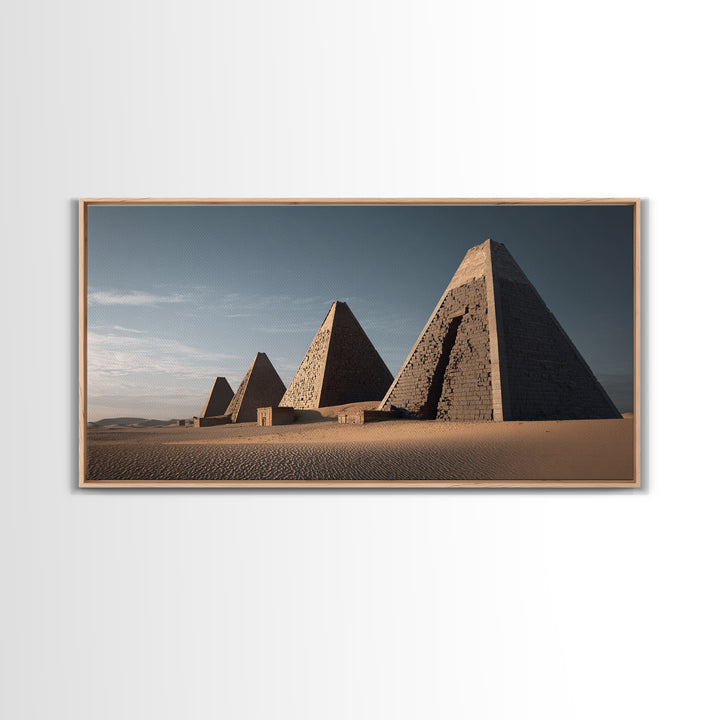 Sunlit Desert Pyramids African Landscape Framed Canvas Print, African Egyptian Art, Sahara Travel Poster, Living Room Decor