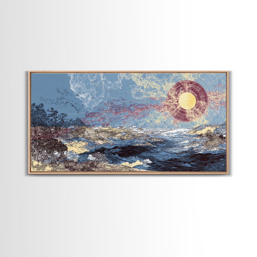 Radiant Sun Over Abstract Ocean Landscape Canvas Print, Blue Wall Art, Modern Art, Nature Scene Art, Coastal Home Decor Gift