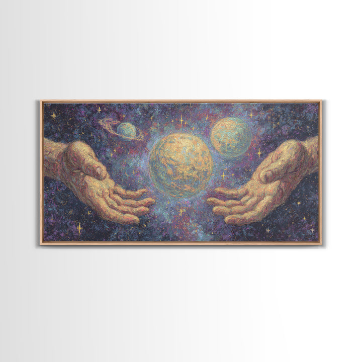 Mystical Hands Holding Planets Cosmic Wall Art, Spiritual Wall Art, Abstract Art, Dreamy Wall Art, Unique Canvas Print Home Decor