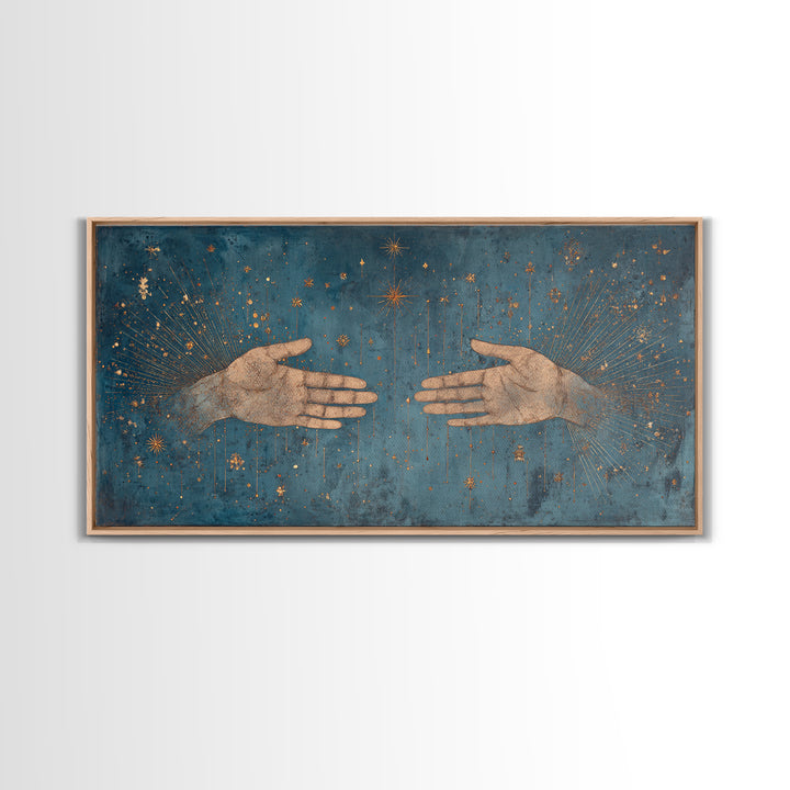 Two Open Hands With Golden Stars Teal Wall Art, Spiritual Wall Art, Mystical Wall Art, Feminine Wall Art, Unique Home Decor