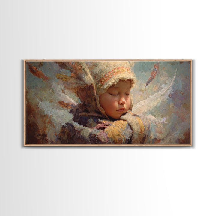 Sleeping Angel Child Canvas Print, Dreamy Spiritual Wall Decor, Soft Nursery Portrait, Peaceful Gift For Her, Unique Home Decor