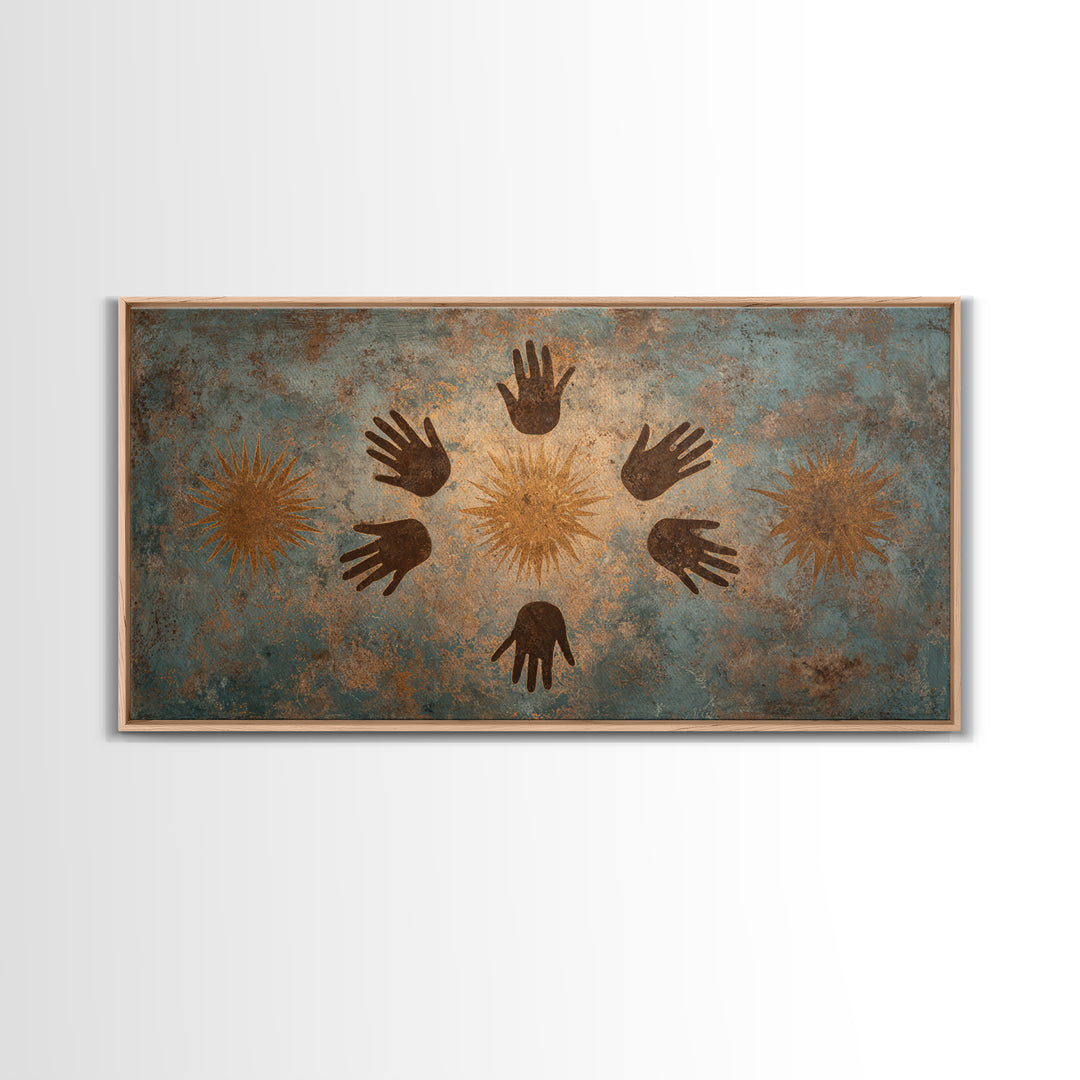 Ancient Handprint Symbols Wall Art, Tribal Abstract Painting, Earth Tone Spiritual Decor, Rustic Cultural Home Decor Gift