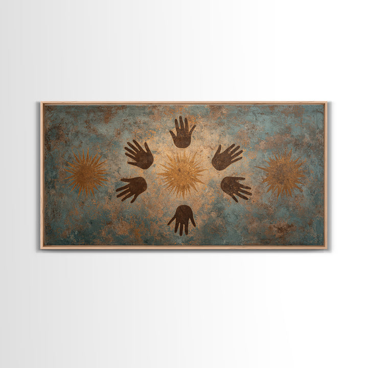 Ancient Handprint Symbols Wall Art, Tribal Abstract Painting, Earth Tone Spiritual Decor, Rustic Cultural Home Decor Gift