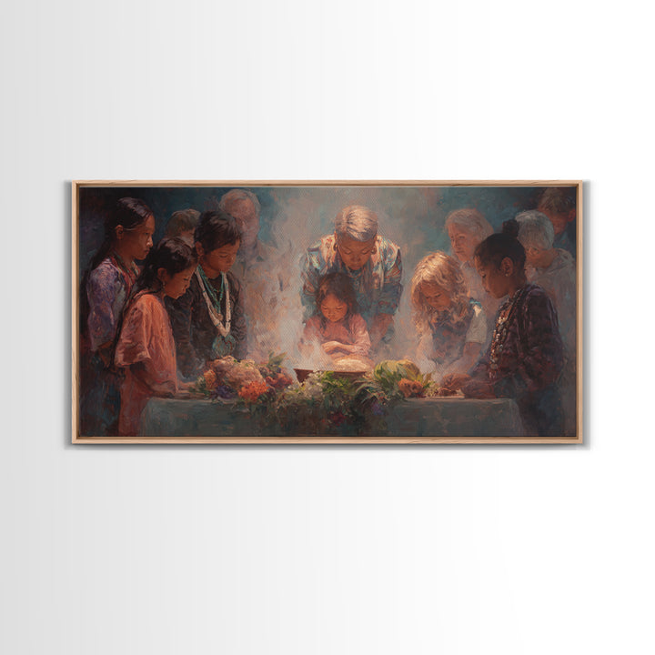 Children Around Harvest Table Canvas Print, Multicultural Family Prayer, Warm Kitchen Decor, Meaningful Housewarming Gift
