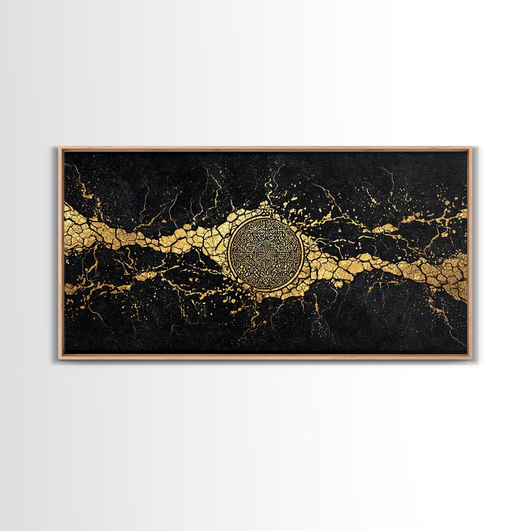 Black And Gold Medallion Canvas Print, Luxury Abstract Wall Decor, Cracked Marble Texture, Elegant Statement Home Decor Gift