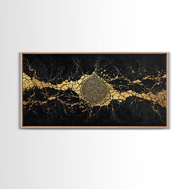 Black And Gold Medallion Canvas Print, Luxury Abstract Wall Decor, Cracked Marble Texture, Elegant Statement Home Decor Gift