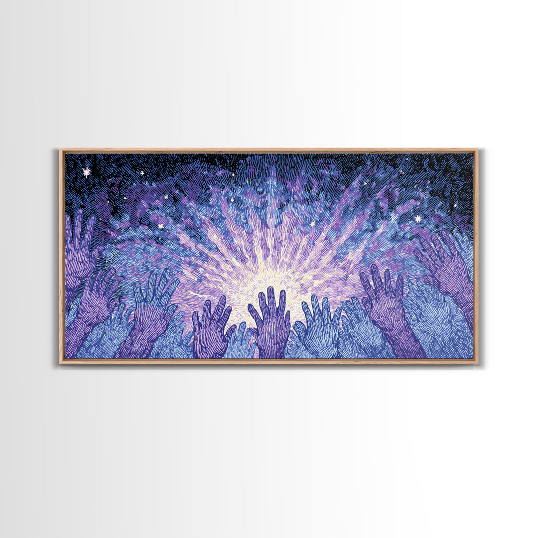 Hands Reaching Toward Light Wall Art, Mystical Spiritual Canvas Decor, Blue Purple Starburst, Dreamy Meditation Gift For Home