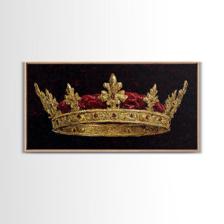 Golden Royal Crown Framed Canvas Print, Black And Gold Wall Decor, Regal Jewel Painting, Luxury Statement Home Decor Gift For Him