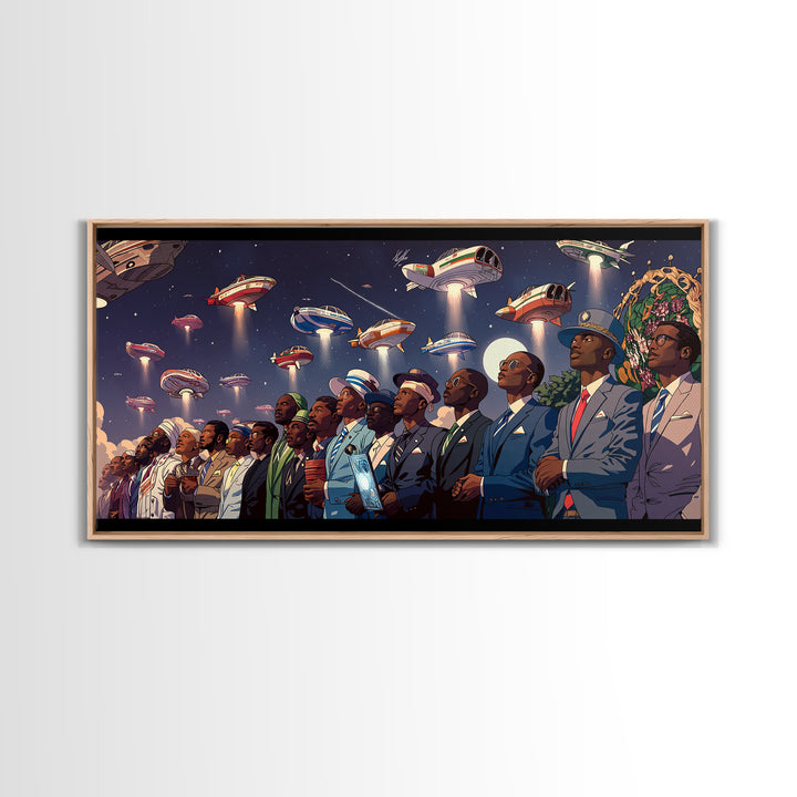 Afrofuturist Skywatchers Canvas Print, Black Men In Suits With Ufo Ships, Modern Afro Wall Decor, Unique Sci Fi Statement Home Decor Gift