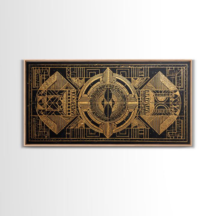 Gold Tribal Geometric Pattern Canvas Print, African Abstract Wall Art, Afrocentric Decor, Black Gold Luxury Home Decor, Statement Decor