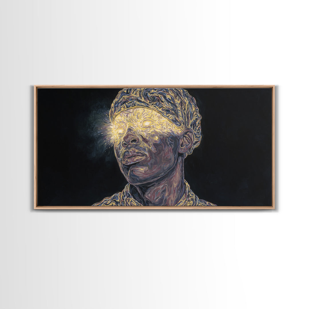 Glowing Eyed African Elder Portrait Framed Canvas Print, Visionary Black Art, Afrocentric Wall Art, Spiritual Home Decor