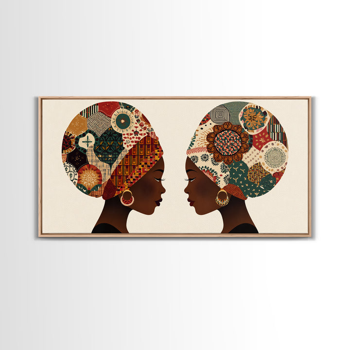 Twin African Women In Ankara Headwraps Canvas Print, Black Woman Wall Art, Afrocentric Decor, Elegant Cultural Home Decor