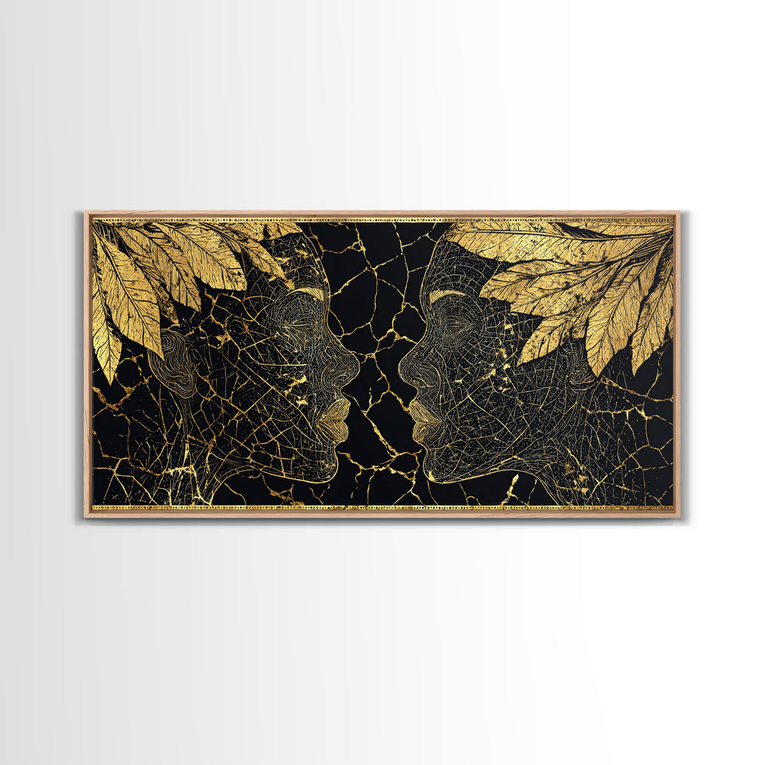 Gold Leaf African Profile Faces Wall Art, Black Gold Abstract Portrait, Afrocentric Canvas Print, Elegant Cultural Decor