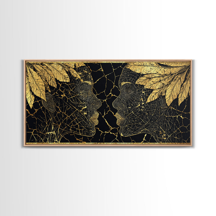 Gold Leaf African Profile Faces Wall Art, Black Gold Abstract Portrait, Afrocentric Canvas Print, Elegant Cultural Decor