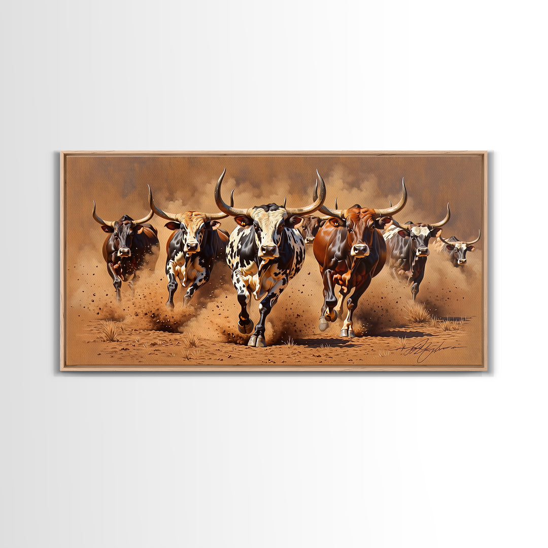 Charging Longhorn Cattle Canvas Print, African Safari Animal Art, Rustic Western Wall Art, Brown Dusty Ranch Home Decor Gift