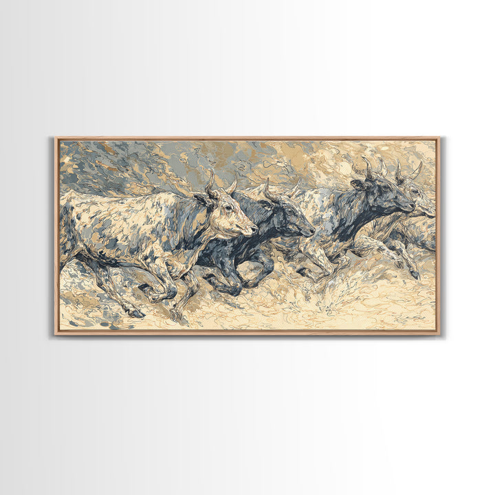 White Cattle Herd In Dusty Motion Framed Canvas Print, African Animal Art, Safari Wall Art, Beige Blue Rustic Home Decor