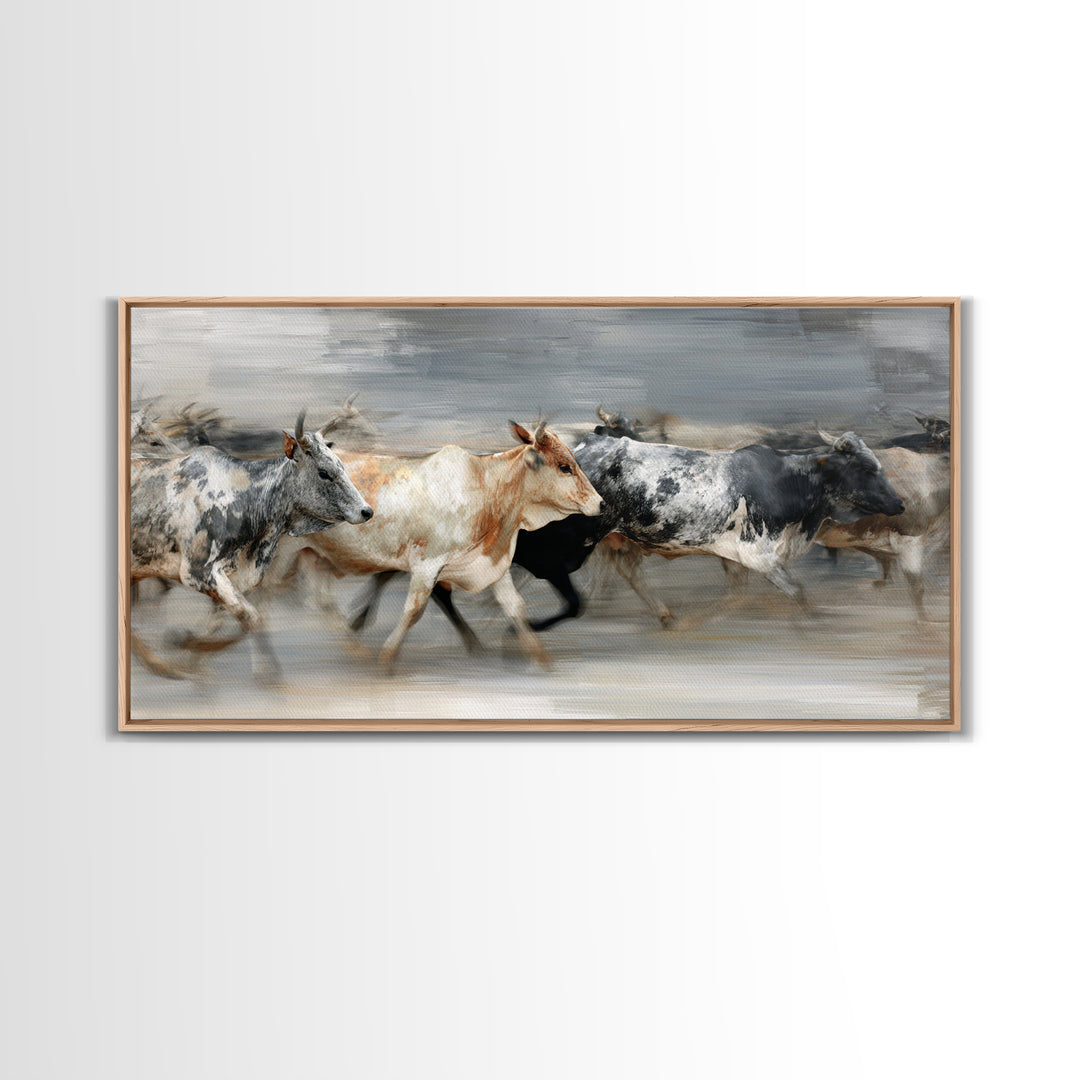 Blurred Running Cattle Herd Canvas Print, African Safari Wall Art, Modern Animal Painting, Neutral Rustic Living Room Decor