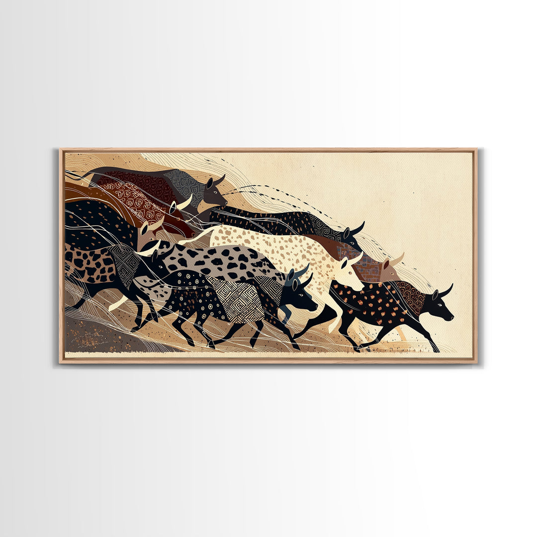 Patterned Cattle Herd Wall Art, Boho African Animal Art, Tribal Textile Canvas Print, Earth Tone Safari Unique Home Decor Gift