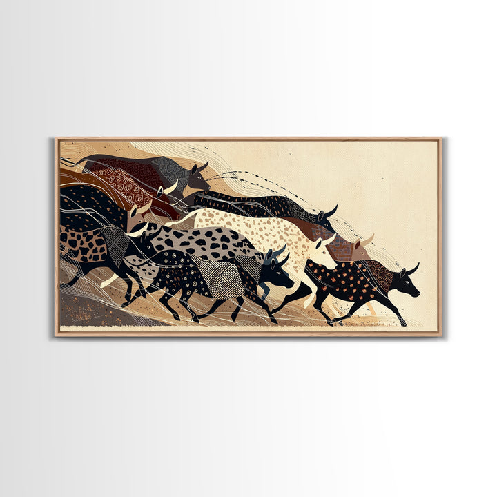 Patterned Cattle Herd Wall Art, Boho African Animal Art, Tribal Textile Canvas Print, Earth Tone Safari Unique Home Decor Gift