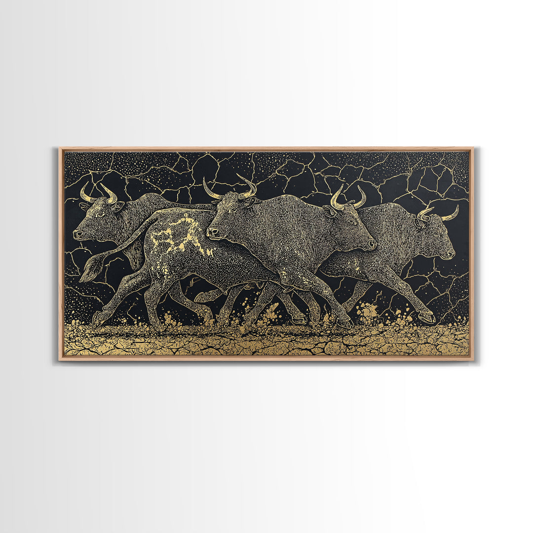 Black Gold Running Cattle Wall Art, African Animal Art, Tribal Crackle Canvas Print, Luxury Safari Decor, Statement Piece