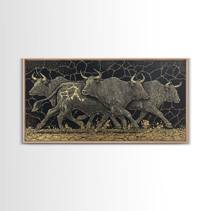 Black Gold Running Cattle Wall Art, African Animal Art, Tribal Crackle Canvas Print, Luxury Safari Decor, Statement Piece