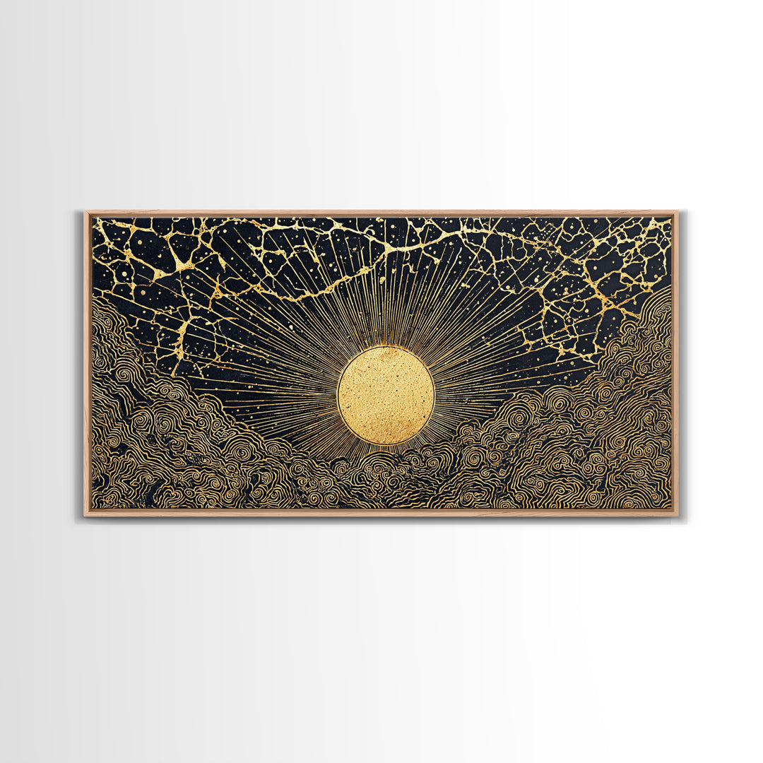 Golden Sunburst Over Black Waves Wall Art, African Inspired Abstract, Black And Gold Decor, Luxury Canvas For Living Room